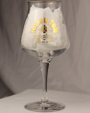 Teku Glass with Gold Font. "Hamilton Family Brewery" "RC CA" "Love People Love Beer"
